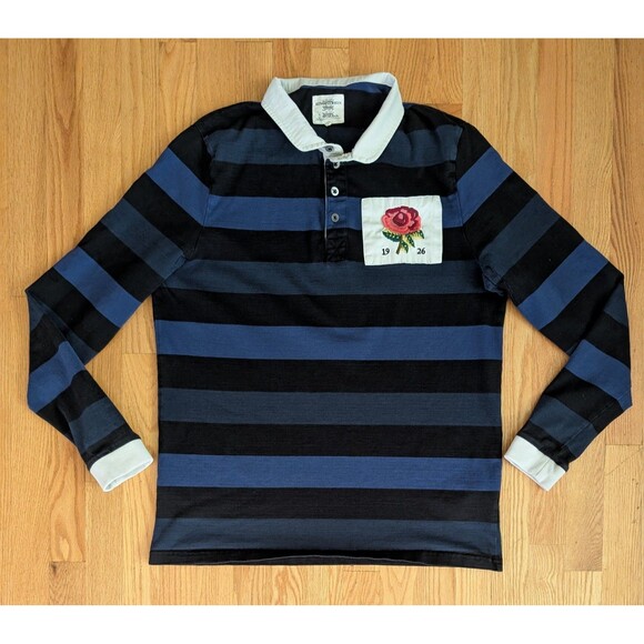 Kent & Curwen Rugby Jersey Mens Medium Blue Stripe Hoop David Beckham Rose Patch - Picture 1 of 10